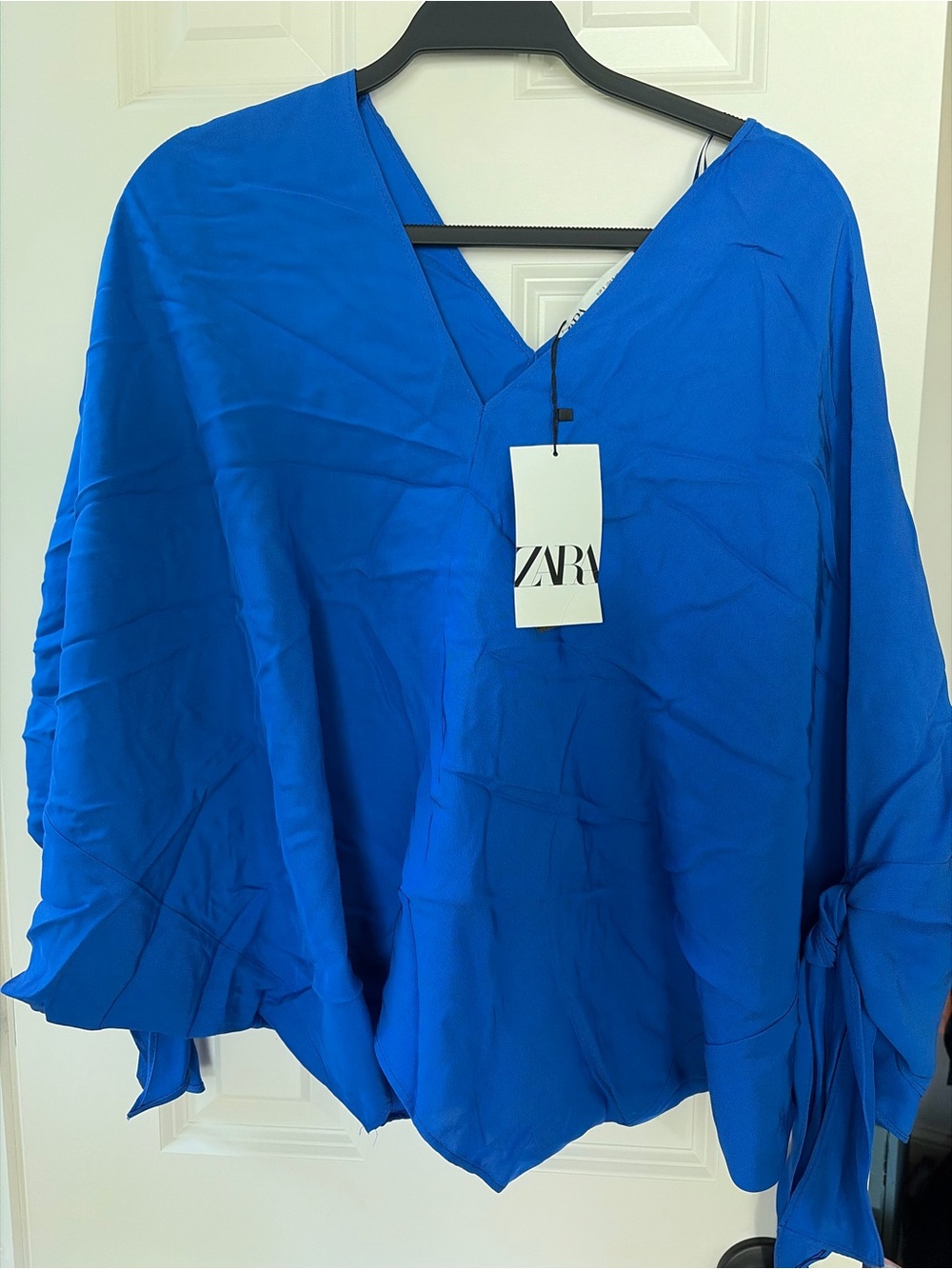 Zara Bright Blue V-Neck Tie-Sleeve Blouse
